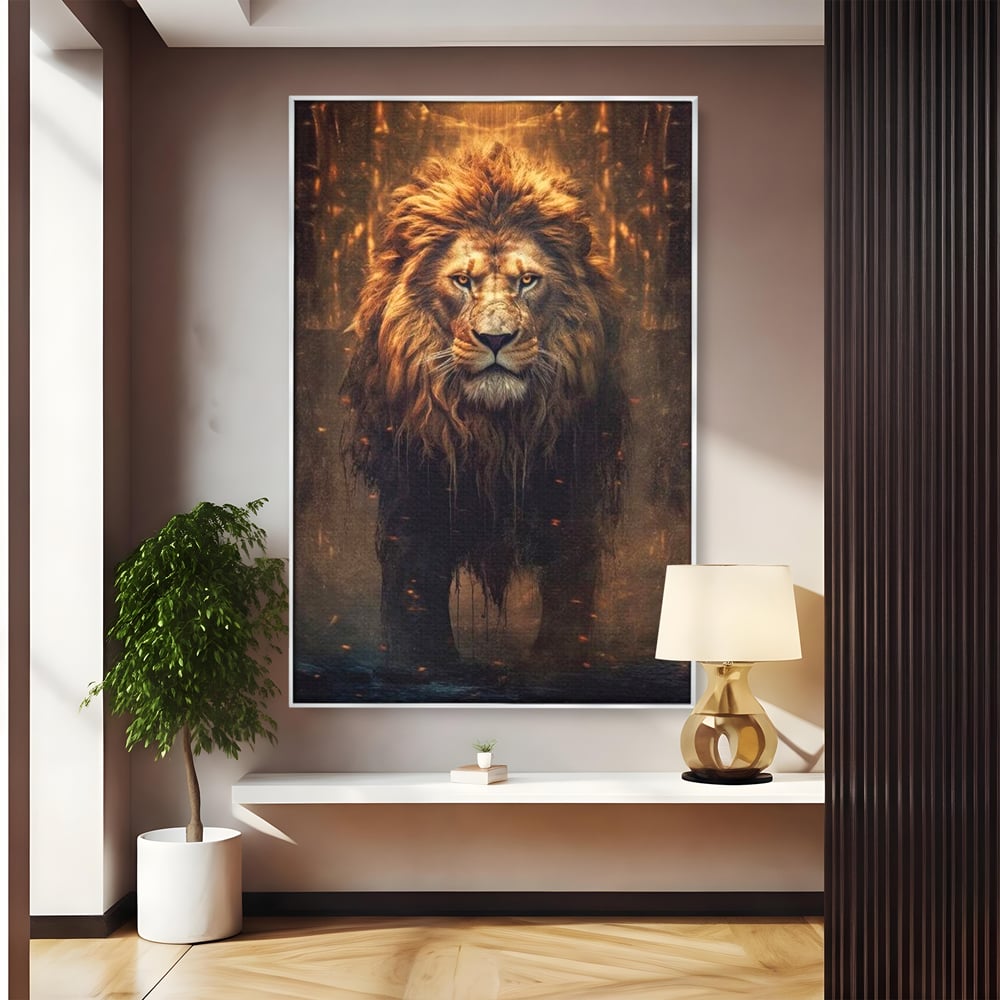 Tablou canvas cu tablou canvas cu portret de leu, in rama de aluminiu argintiu
